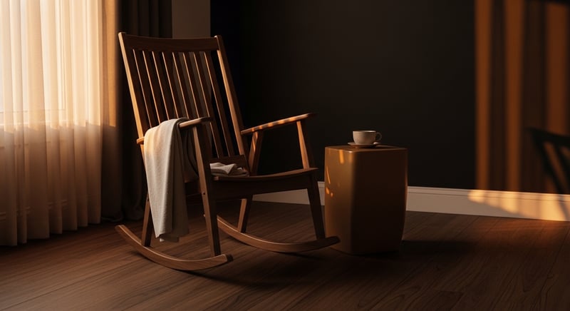 Still life arrangement of reading glasses, hand weight, and yoga strap on a walnut table