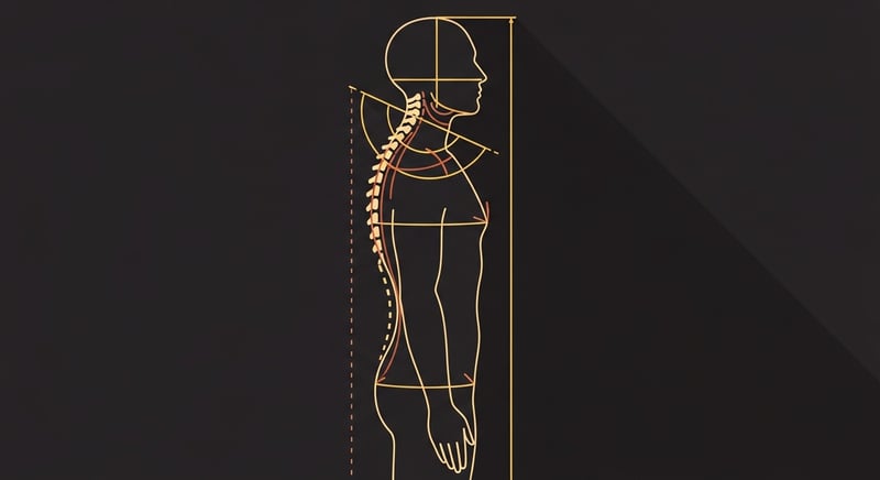 Geometric abstract of an anonymous side-profile human silhouette standing with arms at sides, warm gold angle markers and measurement lines analyzing shoulder and upper-back curvature on a dark charcoal background