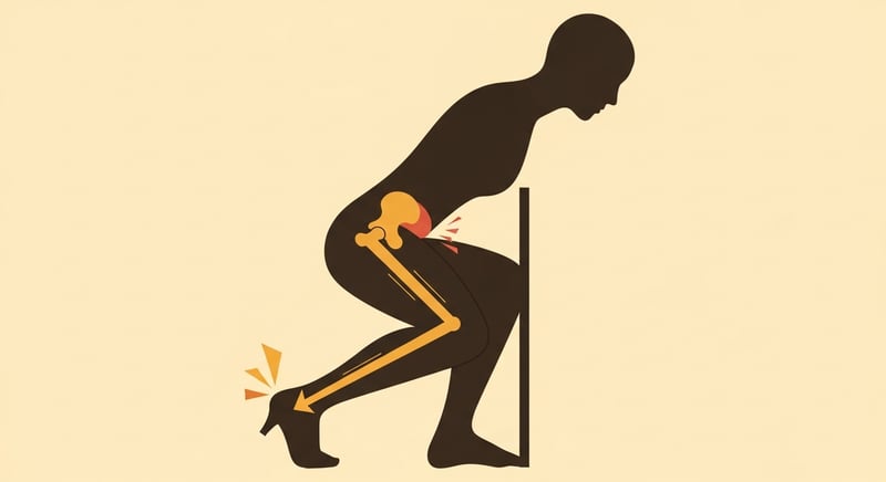 Flat illustration of a side-profile silhouette in a squat, the heel lifted because of limited ankle range, the pelvis tipping forward and the lumbar arching to compensate, the chain of forces shown as warm honey-gold and terracotta arrows traveling up the leg into a deepened lumbar curve, deep espresso brown background