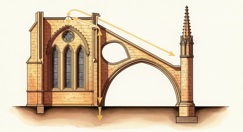 Loose watercolor illustration on cream paper of a Gothic cathedral cross-section showing the nave wall on one side with an arched flying buttress reaching from the wall to a heavy external pier, the ornamental pinnacle weight on top of the pier, arrows traced in warm honey-gold and terracotta showing diagonal thrust redirecting downward through the buttress to the ground, deep espresso brown shadows