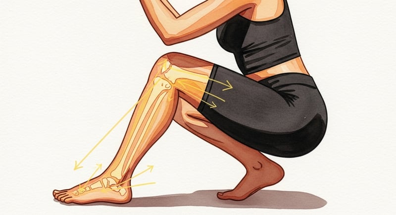 Loose watercolor illustration on cream paper, side-profile of a person in a deep squat with the front shin angled forward over the planted foot, warm honey-gold arrows tracing the diagonal redirection of ground force through the ankle, knee, and hip into the pelvis, deep espresso brown shadows, no identifiable face