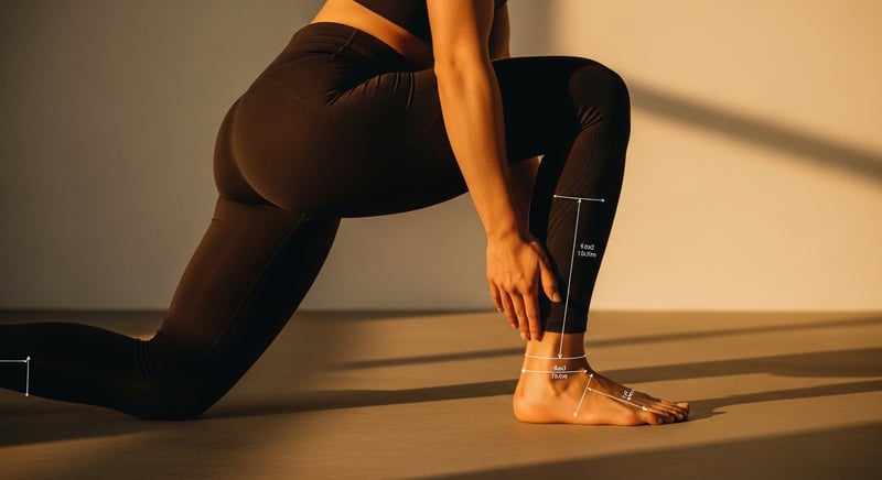 Cinematic editorial photograph of an anonymous adult in a deep squat from the side, the front shin moving forward over the foot with the heel staying down, warm honey-gold side-lighting against deep espresso brown shadows, no identifiable face
