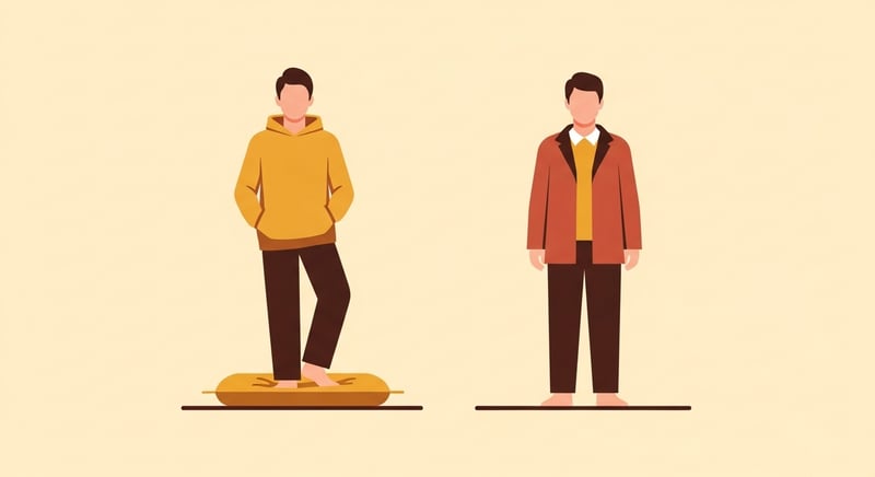 Flat illustration of two silhouette figures, one standing relaxed on a raised cushioned mat and one standing rigid on flat hard floor, honey-gold and terracotta on cream