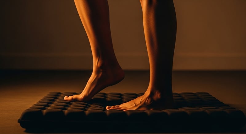 Warm editorial close-up of bare feet on a cushioned mat, one heel lifting slightly in a small weight shift, deep espresso shadows and honey-gold light