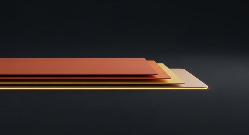 Clean geometric cross-section of a cushioned mat as stacked terracotta and honey-gold layers with a beveled edge on dark charcoal, no figures
