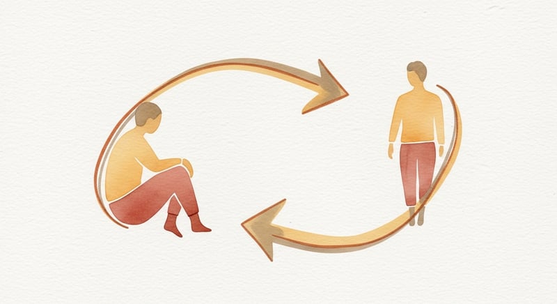 Loose watercolor of a flowing loop alternating between a seated form and a standing form, warm honey-gold and terracotta washes on cream paper