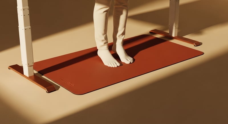 Editorial side-profile of bare feet standing on a cushioned anti-fatigue mat in warm amber light, one heel lifting in a small weight shift