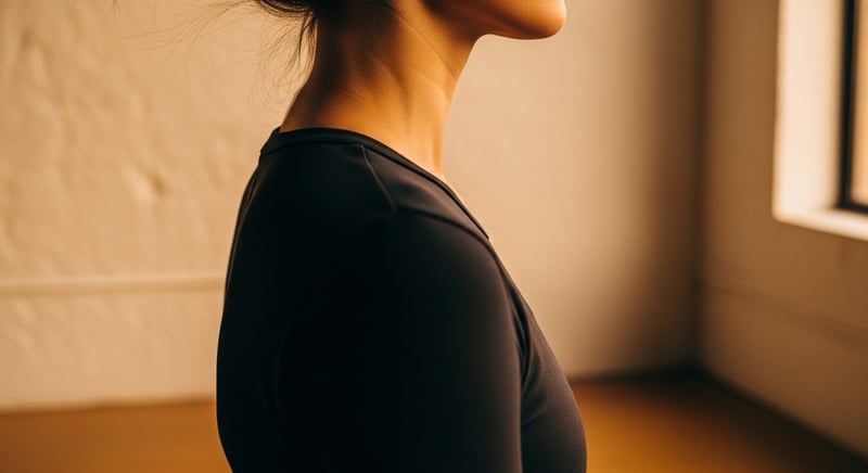 Editorial photograph of an anonymous person performing a gentle chin tuck against a wall, side-profile view from mid-thigh to above the hairline, fitted dark charcoal athletic top, warm amber side-light, deep espresso brown shadows, no identifiable facial features