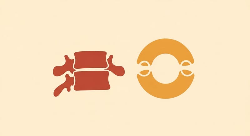 Flat illustration on warm cream paper showing two vertebrae side by side: a typical cervical vertebra in deep terracotta with a vertebral body, disc, and spinous process labeled by shape, and the atlas (C1) in warm honey-gold as a bony ring with lateral masses and no body