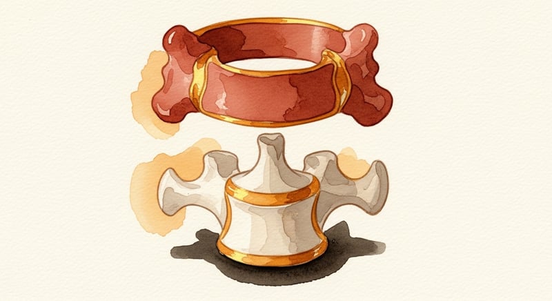 Loose painterly watercolor illustration of C1 and C2 vertebrae in side profile, the atlas as a ring above the axis, the dens projecting upward through the ring, deep terracotta and warm honey-gold pigment with copper accent lines on cream paper