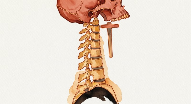 Loose painterly watercolor side-profile illustration of the upper cervical spine showing the skull seated on the C1 atlas vertebra, the C2 axis dens projecting upward through it, deep terracotta and warm honey-gold pigment on cream paper
