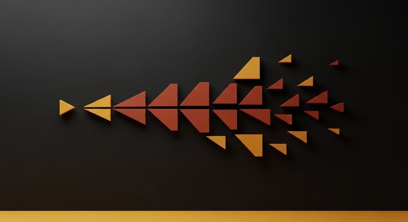 Geometric abstract of a single small shape branching into two, then four, then many, in honey-gold and terracotta on dark charcoal, showing one signal amplifying