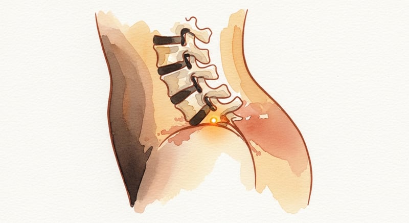 Loose watercolor of a lower spine with a single small bright amber point of irritation near one vertebra, warm terracotta wash spreading outward from it on cream paper