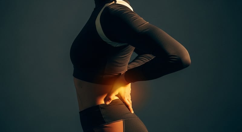 Watercolor side profile of a person clutching their lower back mid-spasm, warm amber and terracotta tones with a bright glow at the low spine