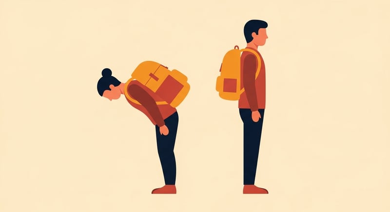 Minimal flat illustration comparing two side-profile figures, the left leaning forward with head jutting out under an oversized heavy backpack, the right standing tall with a smaller balanced pack, in warm honey-gold and terracotta