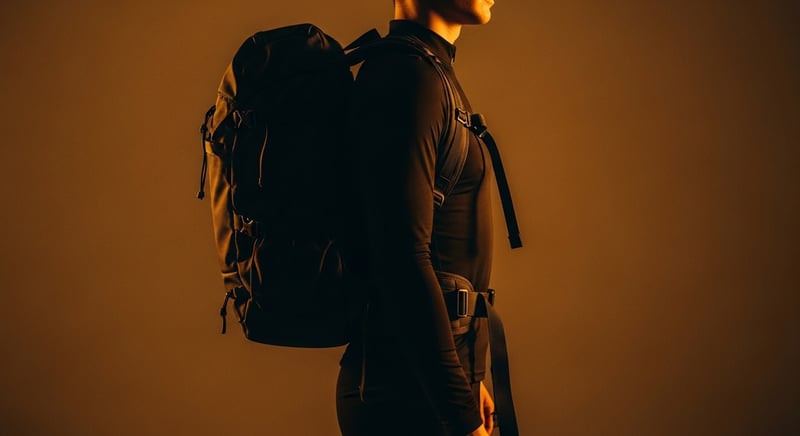 Editorial side-profile photograph of an anonymous person wearing a well-fitted backpack riding high and close against the upper back with the straps snug and a hip belt fastened, standing tall, warm amber lighting, face cropped above the nose