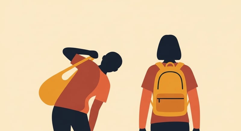 Minimal flat illustration of two figures from behind, the left with a bag on one shoulder and the spine curving sideways with one shoulder hiked, the right wearing both straps with a level, centered spine, in terracotta and honey-gold