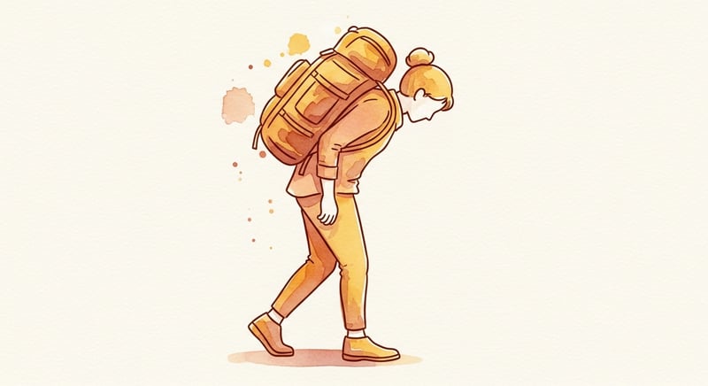 Loose watercolor illustration in warm honey-gold and terracotta of a person walking leaning forward under a heavy backpack, the spine curving to counterbalance the load