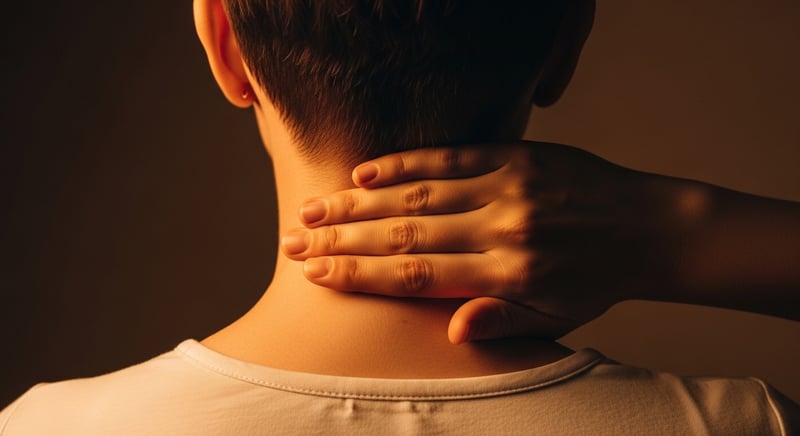 Close-up of the back of an anonymous neck and shoulders demonstrating a chin-tuck correction in warm amber light