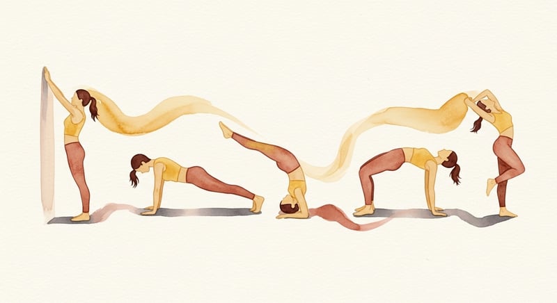Watercolor illustration of five anonymous figures flowing through different posture exercises in honey gold and terracotta brushstrokes