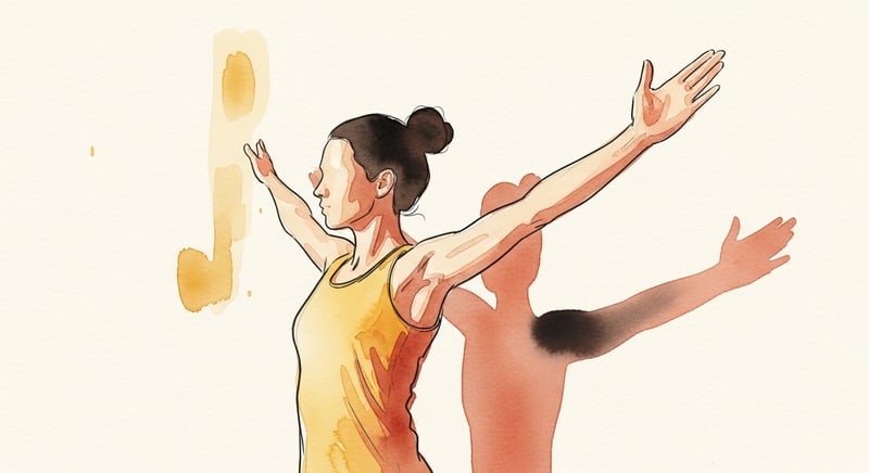 Watercolor of an anonymous figure performing a wall angel shoulder exercise in honey gold and terracotta tones