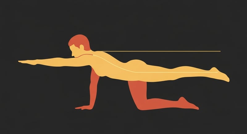 Flat illustration of a figure in the quadruped bird dog position, right arm and left leg extended level with the torso, a straight honey-gold line marking the neutral spine on dark charcoal