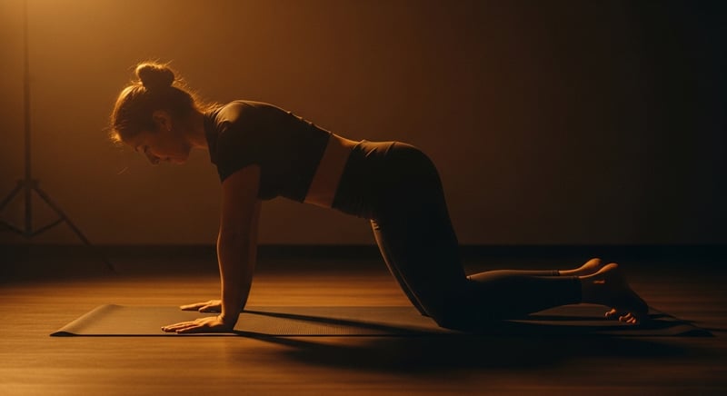 Editorial photograph from the side of a person in the quadruped bird dog start position on a mat, hands under shoulders and knees under hips, warm amber light, face cropped above the nose