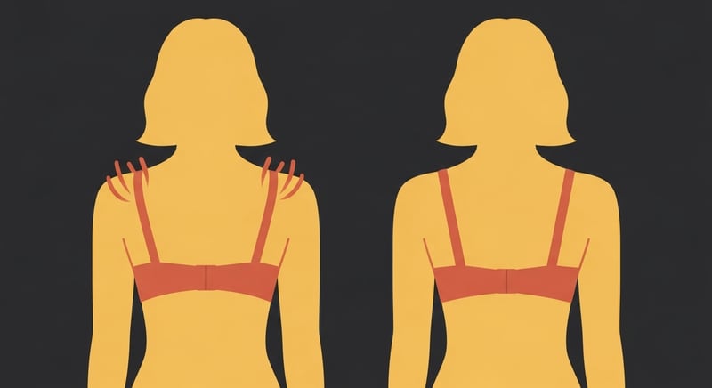 Flat illustration comparing two rear-view figures, one with a bra band riding up and straps digging into the shoulders, one with a level band sitting low across the ribs, honey-gold and terracotta on charcoal, no text