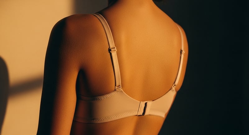 Editorial rear-view photograph of a level, supportive bra band sitting low across the ribcage with straps resting flat on the shoulders, warm amber side-light, head cropped above the hairline