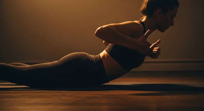 Editorial photograph of a person performing a prone cobra on a mat, chest and arms lifted with shoulder blades drawn down and back, warm amber light, head cropped above the hairline