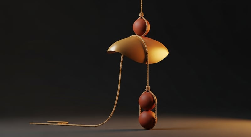 Geometric abstract of a weighted cord running over a rounded shoulder-shaped form like a pulley, doubling a downward pull, terracotta and copper on dark charcoal, no text