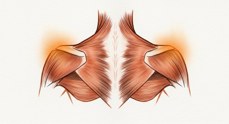 Loose watercolor of the upper back and trapezius muscles from behind bearing a downward strap load, warm terracotta and honey-gold with an amber glow at the shoulders on cream, no text