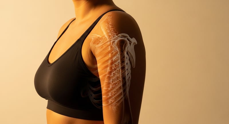 Side-profile editorial photograph of a woman in a supportive bra with a translucent rib and shoulder-blade overlay on the upper torso, warm amber studio light