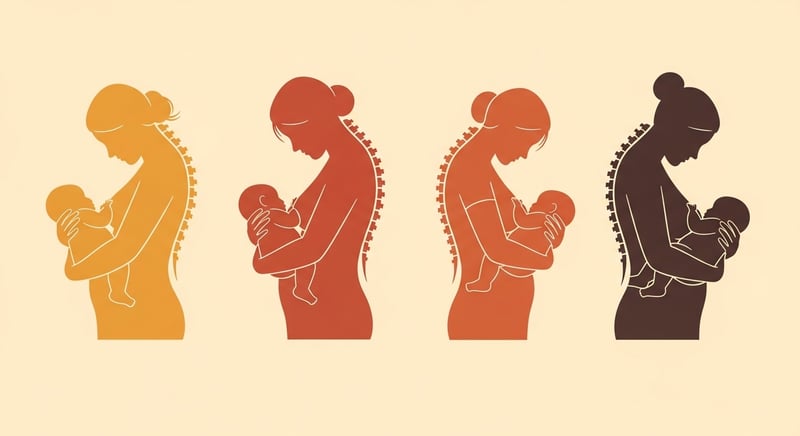 Minimal flat illustration on cream of four breastfeeding holds in a row, cradle, cross-cradle, football, and side-lying, drawn as simple honey-gold and terracotta silhouettes with the parent's spine kept upright