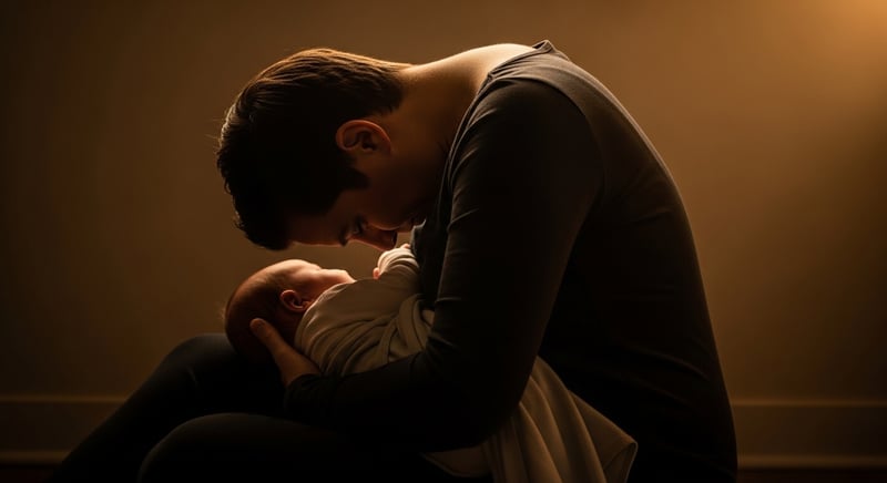 Editorial side-profile photograph of a seated parent bent forward over an infant, the neck flexed and shoulders rounded, warm amber side lighting, face cropped above the nose