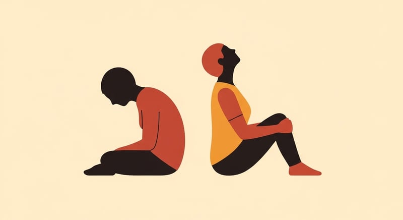 Minimal flat illustration comparing two seated figures, the left one slumped with a rounded back and forward head, the right one in the upright open-chested Brügger relief position, in warm honey-gold and terracotta