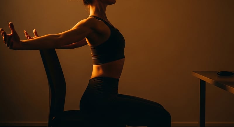 Editorial side-profile photograph of an anonymous person sitting at the edge of an office chair with the chest lifted, arms rotated so the palms face outward, and the neck lengthened, warm amber lighting, face cropped above the nose