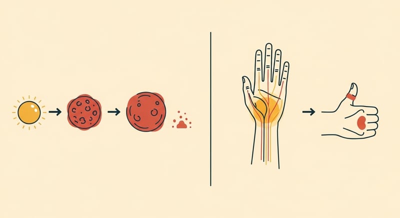 Two-panel flat illustration: a star's life cycle from bright main sequence through red giant to dim white dwarf on the left, a hand fading through stages of nerve compression on the right, matching arrows mapped across both, honey-gold and terracotta on dark charcoal