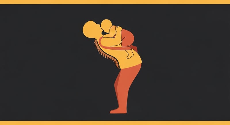 Flat illustration of a parent silhouette carrying a baby on one hip, the spine curving into a C-shape toward the child, honey-gold and terracotta on dark charcoal