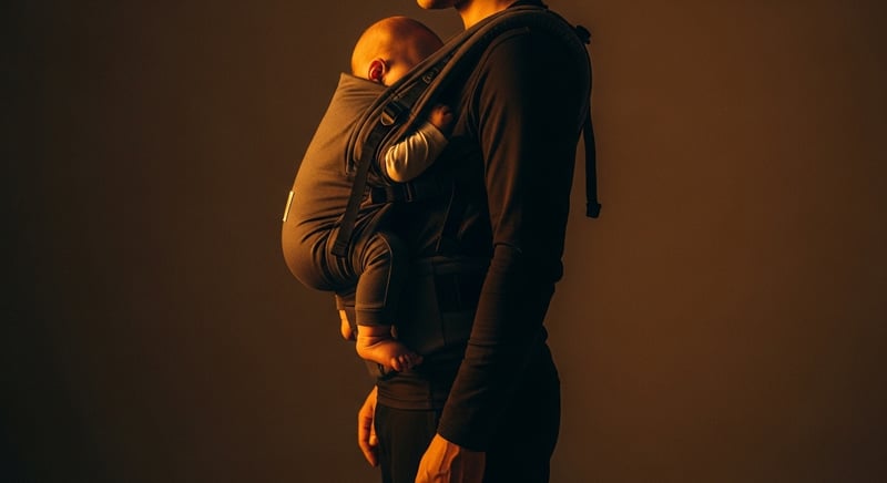 Editorial photograph of a parent wearing an infant in a structured carrier worn high and close on the chest, upright posture, warm amber light, face cropped above the nose