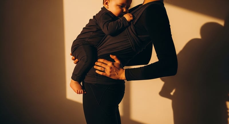 Editorial photograph from the side of a parent carrying a toddler on one hip, the hip hiked and the torso leaning away, warm amber light, face cropped above the nose