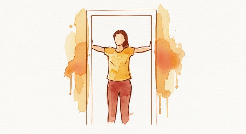 Loose watercolor illustration of a person doing a gentle standing doorway chest stretch and side bend, warm honey-gold and terracotta washes on cream paper