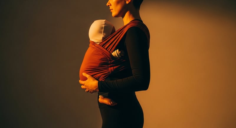 Editorial side-profile photograph of a parent carrying an infant on one hip, the spine curving toward the baby, in warm amber light
