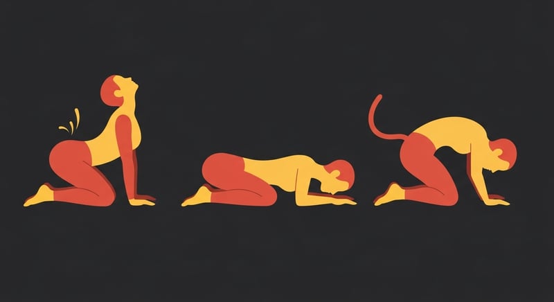 Flat editorial illustration of a kneeling figure shown in three positions side by side, cow (arched), neutral, and cat (rounded), warm honey-gold silhouettes on dark charcoal