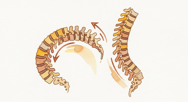 Loose watercolor illustration of a side-profile human spine moving between flexion and extension, honey-gold and terracotta on cream paper