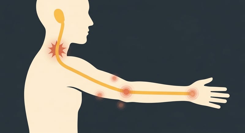 Flat illustration of an arm with the nerve traced from a pinch point at the neck down to the hand, contrasting with lower pinch points at the elbow and wrist