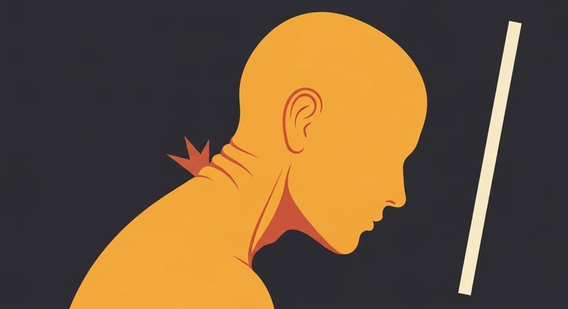 Flat side silhouette of a head jutted forward in forward-head posture, the back of the neck creased and compressed with a warm flare at the base