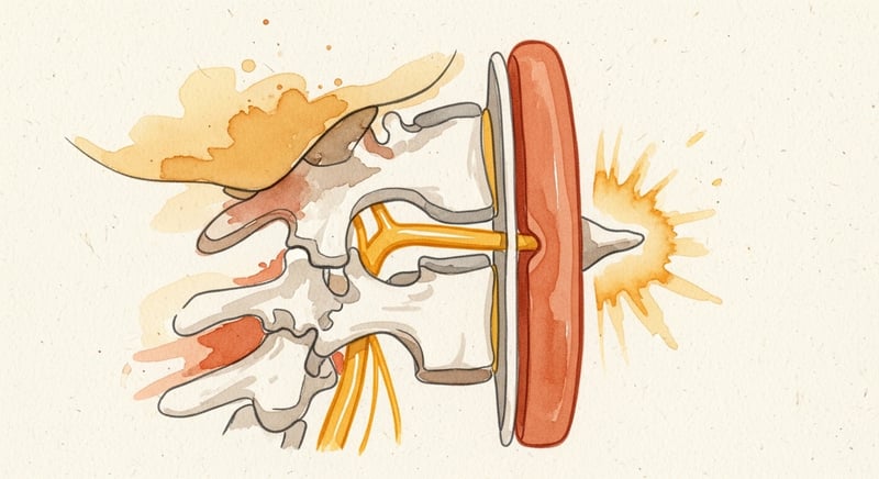 Loose watercolor cross-section of two neck vertebrae with a bulging disc and a bone spur crowding the opening where the nerve root exits