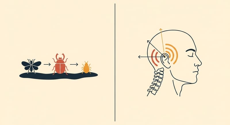 Side-profile flat illustration of the upper cervical spine with C1, C2, and C3 levels marked with warm honey-gold accents, arrows showing the referral pathway from each segment into the head, against a dark charcoal background with a thin terracotta divider