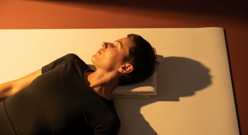 Editorial overhead photograph of an anonymous adult lying supine on a cream mat, head resting on a folded towel under the upper neck, performing a small craniocervical nod, fitted dark charcoal athletic clothing, warm honey-gold side-lighting, deep espresso brown surroundings, no identifiable facial features